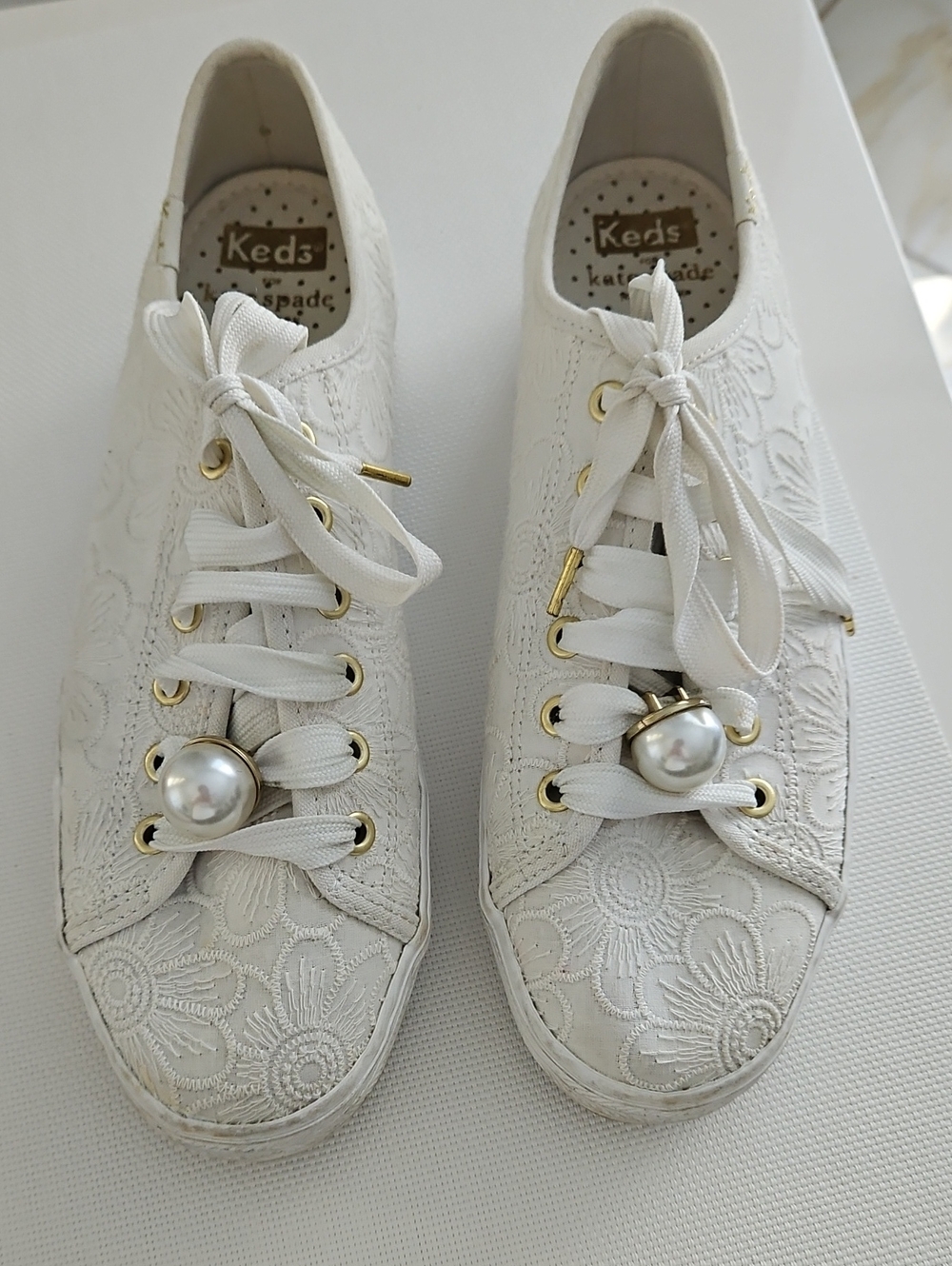 kate spade White Lace Embroidered Pearl-Accent Sneakers